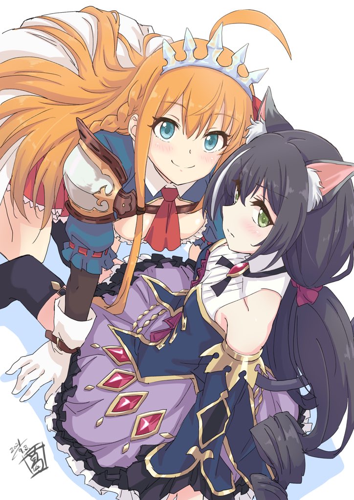 2girls, animal_ears, black_hair, cat_ears, cat_girl, cat_tail, karyl_(princess_connect!), long_hair, multiple_girls, orange_hair, pecorine_(princess_connect!), princess_connect!, princess_connect!_re:dive, sekiya_kuzuyu, tagme, tail