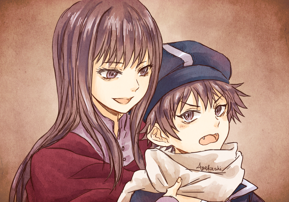 1boy, 1girl, ayks, blue_headwear, brown_background, brown_eyes, brown_hair, fangs, headwear_request, looking_at_another, mother_and_child, mother_and_son, neckwear_request, open_mouth, parent_and_child, smile, tegami_bachi, zazie_winters, zazie_winters'_mother