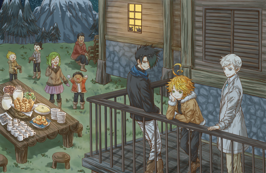 2girls, 6+boys, ahoge, ayks, black_coat, black_hair, blonde_hair, blue_eyes