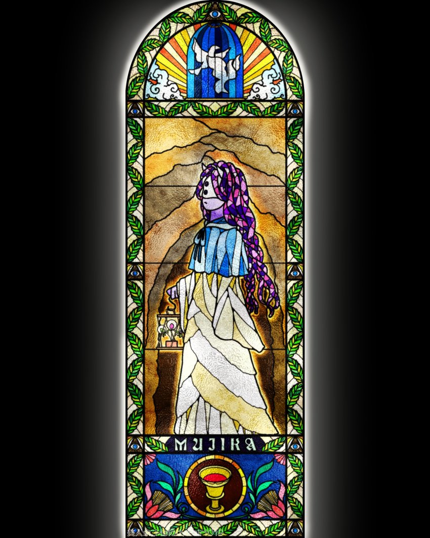 1girl, absurdres, bird, black_background, chalice, character_name, cup, demon_girl, dove, eye_of_providence, highres, horns, lantern, melodyfair1019, musica_(yakusoku_no_neverland), purple_hair, solo, stained_glass, yakusoku_no_neverland