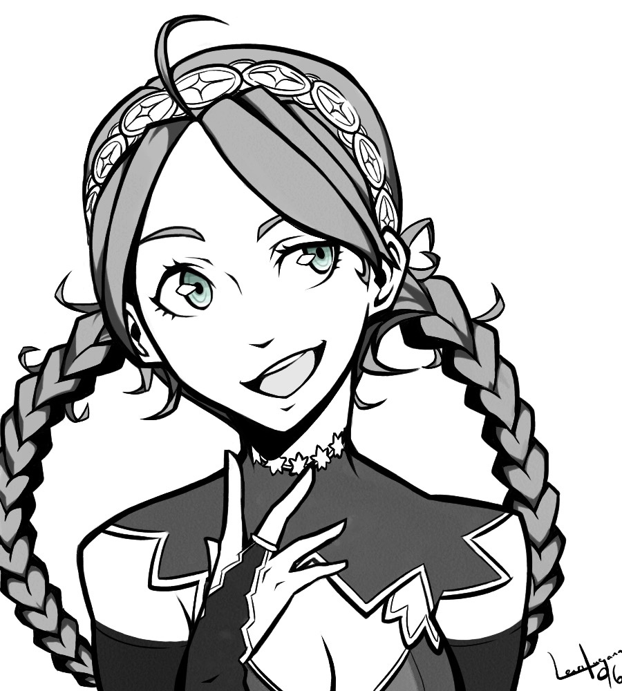 1girl, ahoge, bare_shoulders, braid, breasts, bridal_gauntlets, choker, fire_emblem