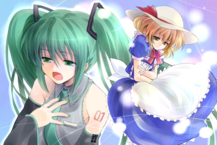 2girls, apron, blonde_hair, bow, crossover, detached_sleeves, female_focus, green_eyes, green_hair, hara_takehito, hat, hatsune_miku, headphones, kana_anaberal, multiple_girls, music, necktie, phantasmagoria_of_dim.dream, poltergeist, singing, touhou, touhou_(pc-98), twintails, vocaloid, yellow_eyes