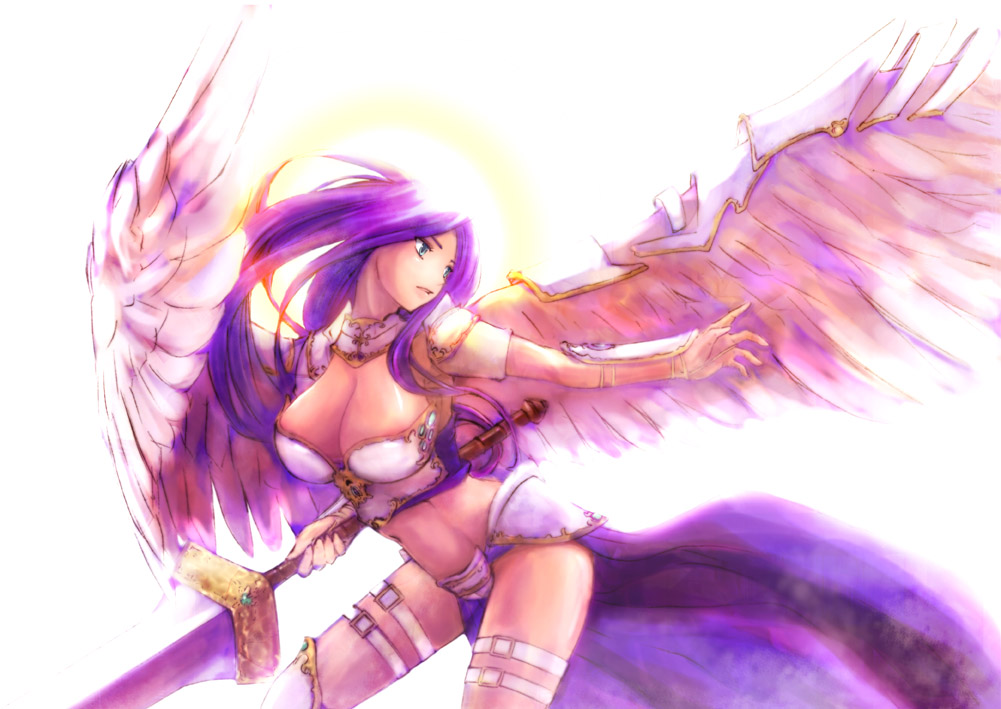 1girl, akroma, angel, angel_wings, armor, breasts, cleavage, female_focus, halo, large_breasts, legs, long_hair, magic:_the_gathering, purple_hair, shiizako_you, shizako_eu, solo, sword, thigh_strap, thighs, traditional_halo, weapon, wings
