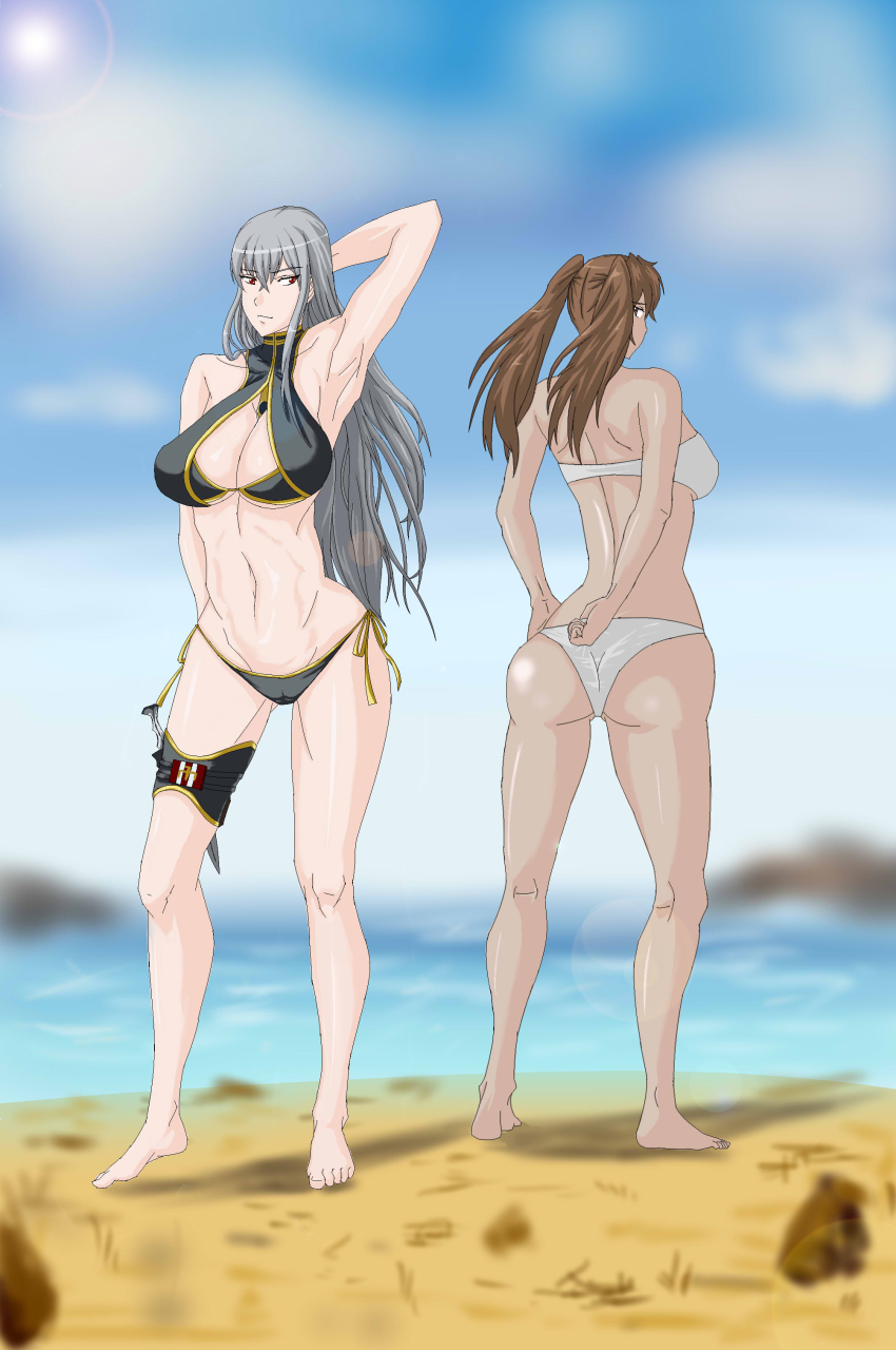 00s, 2girls, absurdres, alicia_melchiott, armpits, ass, bad_anatomy, barefoot, bikini, breasts, brown_eyes, brown_hair, female_focus, highres, large_breasts, long_hair, looking_back, midriff, multiple_girls, red_eyes, rex_(systembest), selvaria_bles, senjou_no_valkyria_(series), senjou_no_valkyria_1, silver_hair, swimsuit, twintails, very_long_hair