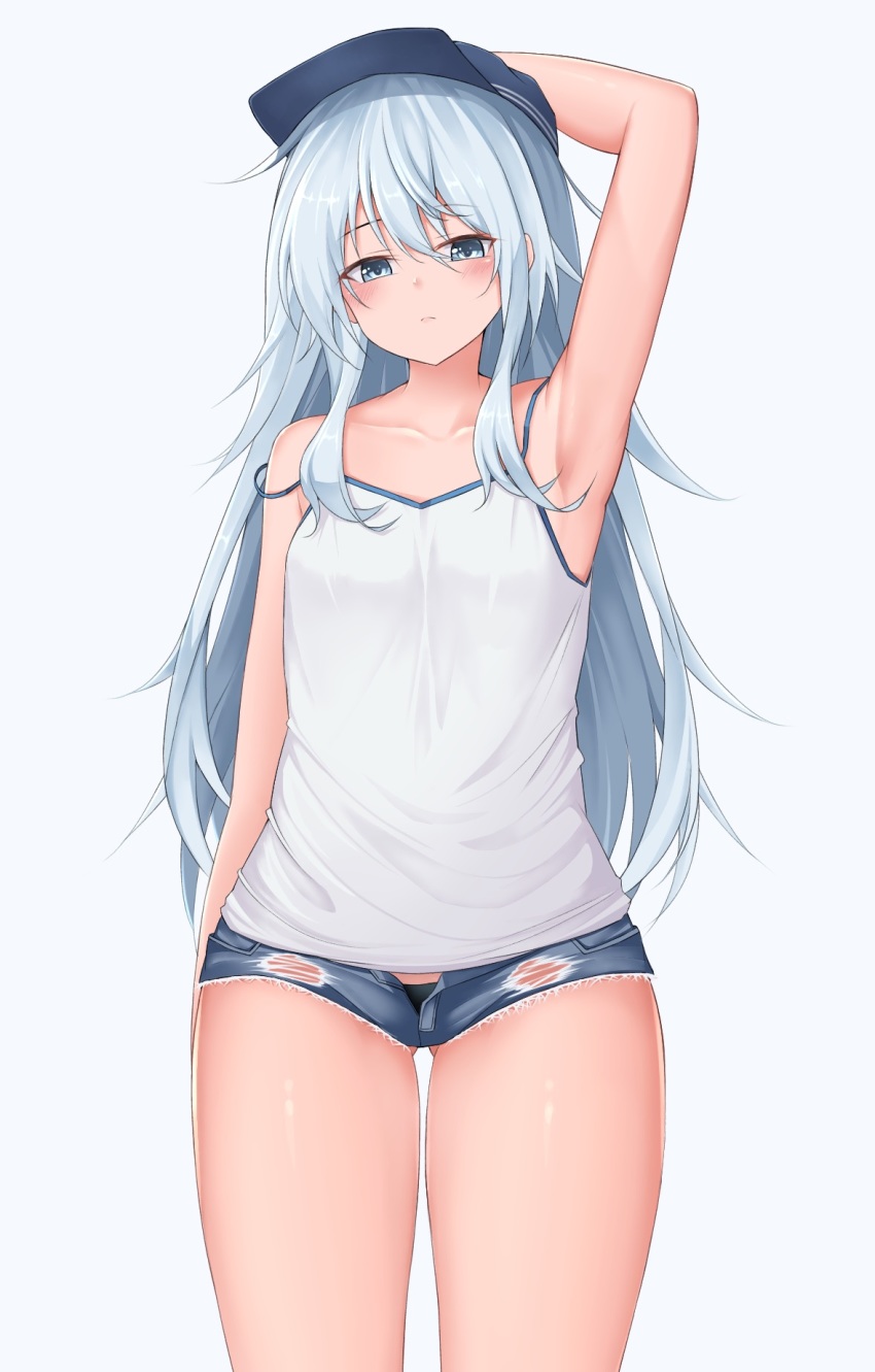 1girl, 88942731ne, black_hat, blue_eyes, blue_shorts, blush, camisole, closed_mouth, collarbone, cowboy_shot, denim, denim_shorts, flat_cap, gluteal_fold, grey_background, hair_between_eyes, hat, hibiki_(kancolle), highres, kantai_collection, long_hair, short_shorts, shorts, silver_hair, simple_background, solo, spaghetti_strap