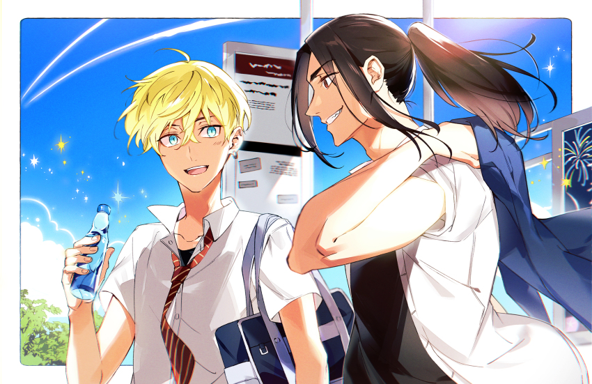 2boys, akeno06, bag, baji_keisuke, black_hair, black_shirt, blonde_hair, blue_eyes