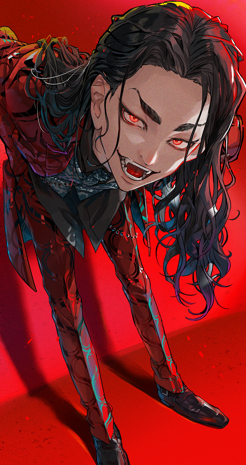 1boy, baji_keisuke, black_hair, black_shirt, black_shoes, fangs, forehead, full_body