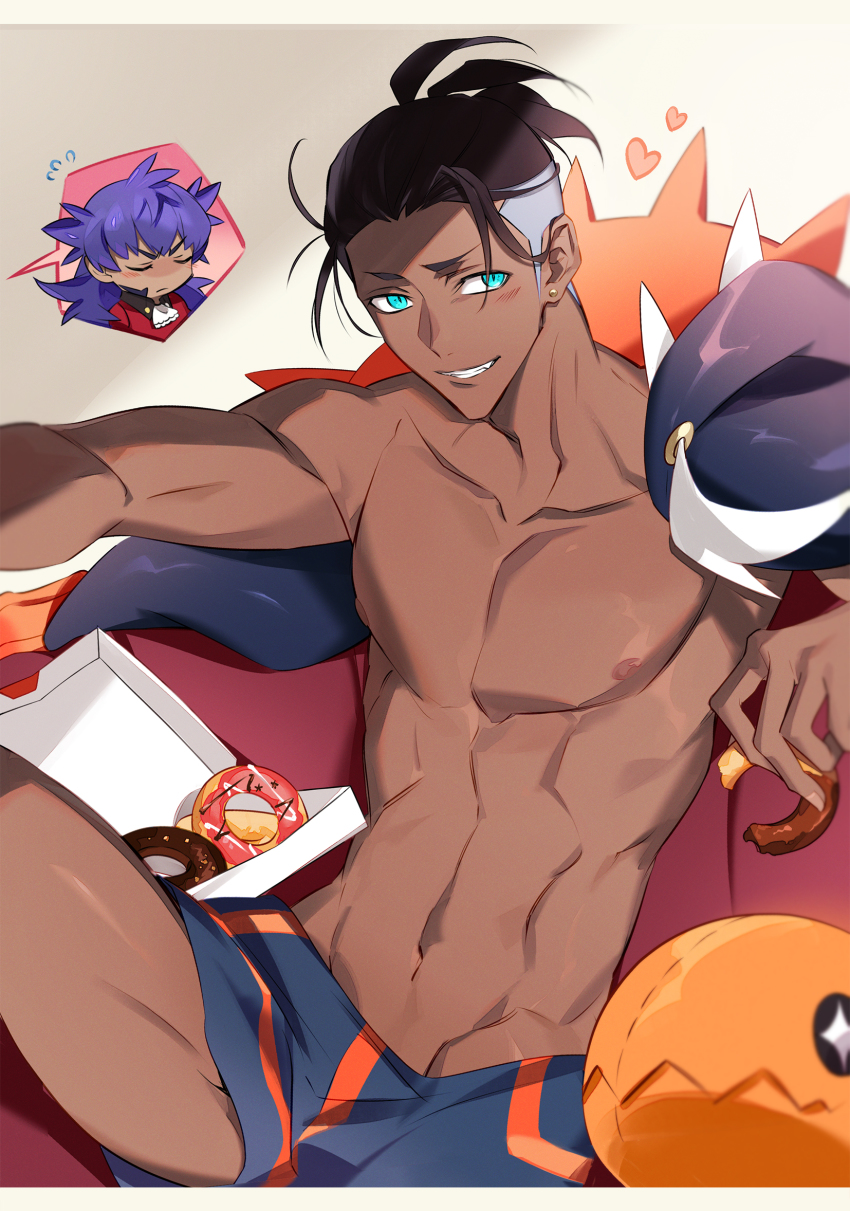 abs, akeno06, blush, box, brown_hair, character_doll, collarbone, commentary_request, couch, dark-skinned_male, dark_skin, doll, donut, earrings, flying_sweatdrops, food, gen_3_pokemon, grey_shorts, grin, heart, highres, holding, holding_food, hood, hoodie, jewelry, leon_(pokemon), male_focus, navel, nintendo, nipples, pectorals, pokemon, pokemon_(creature), pokemon_sword_and_shield, raihan_(pokemon), shirobako, short_hair, shorts, smile, spoken_character, teeth, toned, topless_male, trapinch, undercut, unworn_hoodie, yaoi