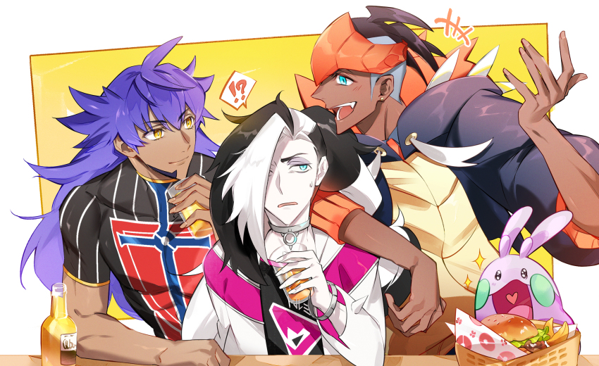 !?, +++, 3boys, :d, akeno06, black_hair, black_hoodie, blush