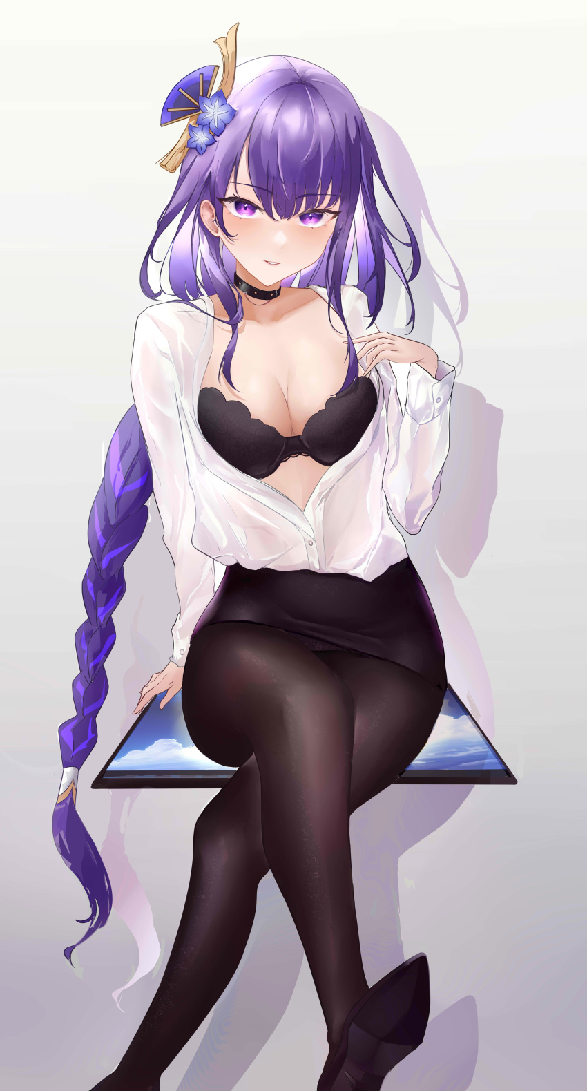 1girl, absurdres, black_bra, black_pantyhose, blunt_bangs, bra, braid, breasts