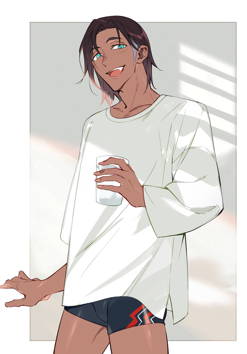 1boy, :d, akeno06, alternate_costume, black_male_underwear, blush, boxer_briefs, brown_hair