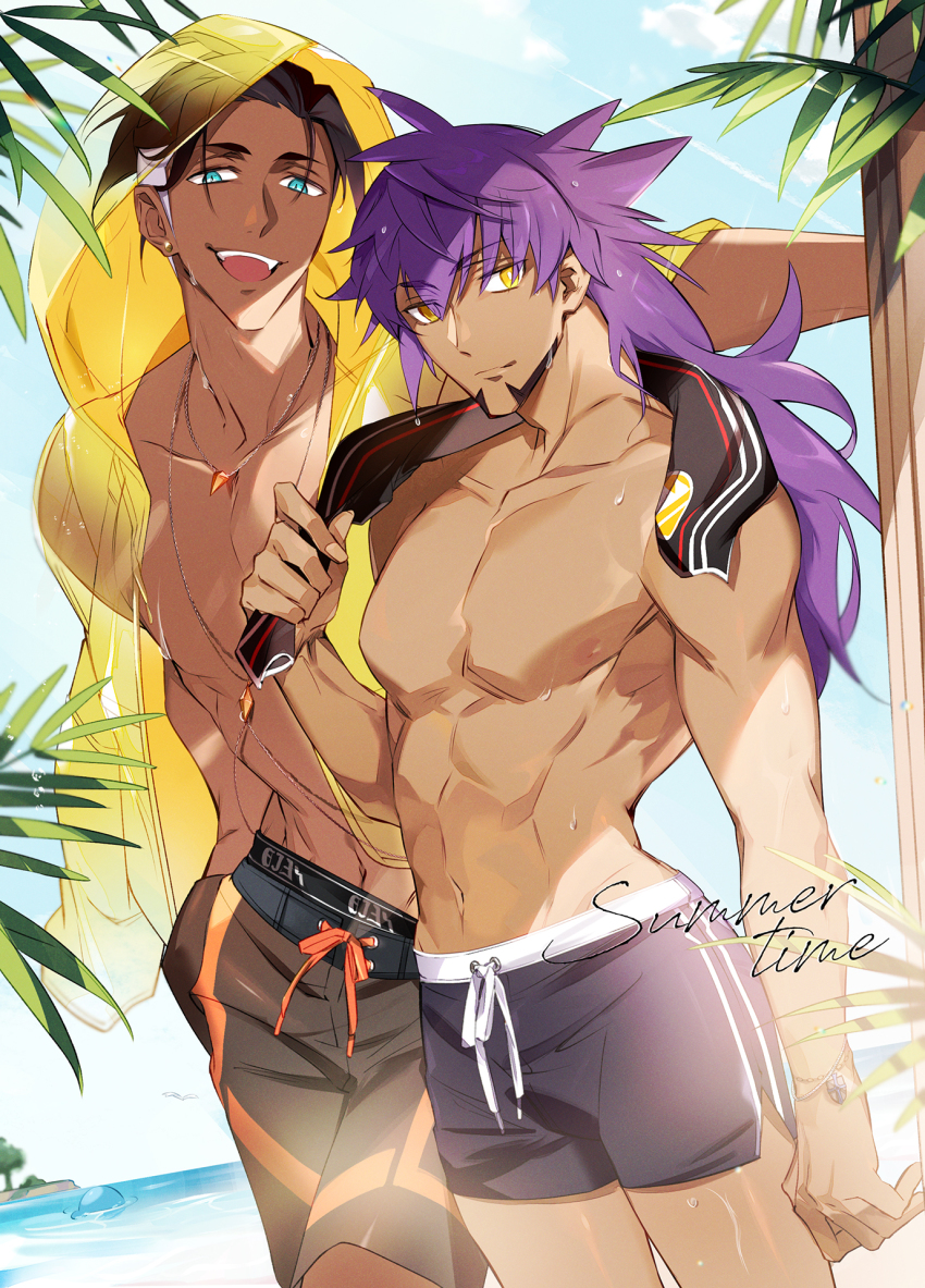 2boys, :d, abs, akeno06, alternate_costume, black_male_swimwear, black_male_underwear, black_swim_trunks