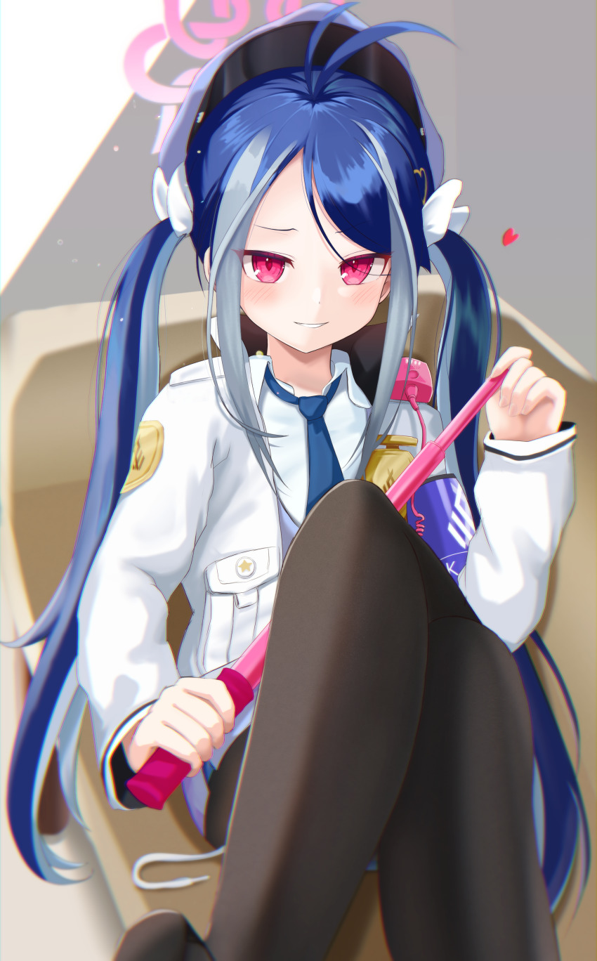 1girl, absurdres, ahoge, armband, baton_(weapon), black_pantyhose, blue_archive, blue_hair