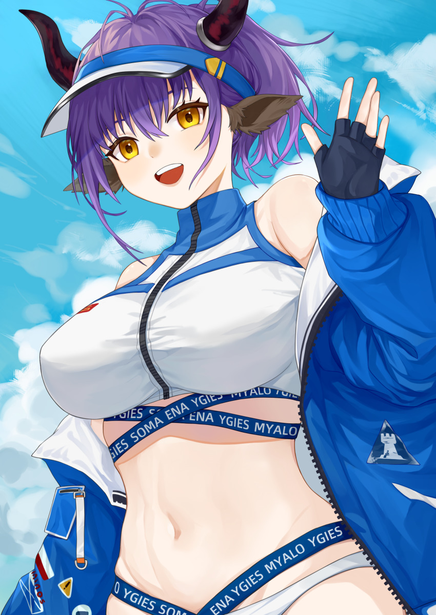 1girl, :d, absurdres, animal_ears, arknights, bare_shoulders, bikini, black_gloves, blue_jacket, blue_sky, breasts, cloud, commentary_request, day, eza_(yowza), fingerless_gloves, gloves, hand_up, highres, horns, jacket, large_breasts, long_sleeves, looking_at_viewer, navel, off_shoulder, official_alternate_costume, open_mouth, purple_hair, sideroca_(arknights), sideroca_(light_breeze)_(arknights), sky, smile, solo, stomach, swimsuit, upper_body, visor_cap, white_bikini, yellow_eyes