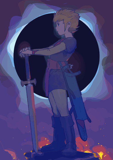 1boy, blonde_hair, boots, eclipse, fire, jordy_vorder, kikou-kai_galient, male_focus, sarmat, sheath, solo, sword, weapon