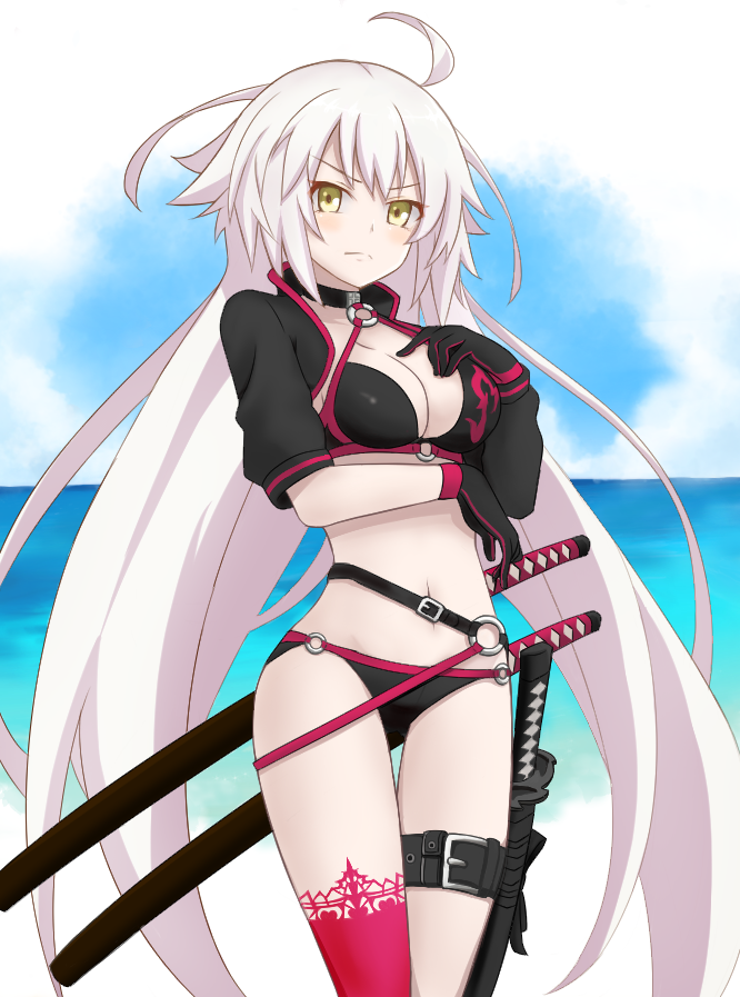 1girl, ahoge, beach, bikini, black_bikini, black_gloves, blush, breasts, cloud, fate/grand_order, fate_(series), gloves, jacket, jeanne_d'arc_alter_(swimsuit_berserker)_(fate), jeanne_d'arc_(fate), jeanne_d'arc_alter_(fate), katana, kitara_koichi, long_hair, looking_at_viewer, ocean, silver_hair, sky, solo, standing, swimsuit, sword, weapon, yellow_eyes