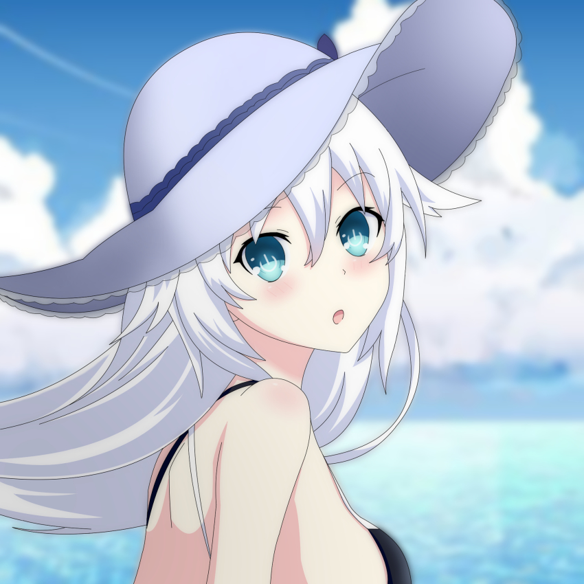 back, bare_shoulders, beach, bikini, black_heart_(neptunia), breasts, cloud, green_eyes