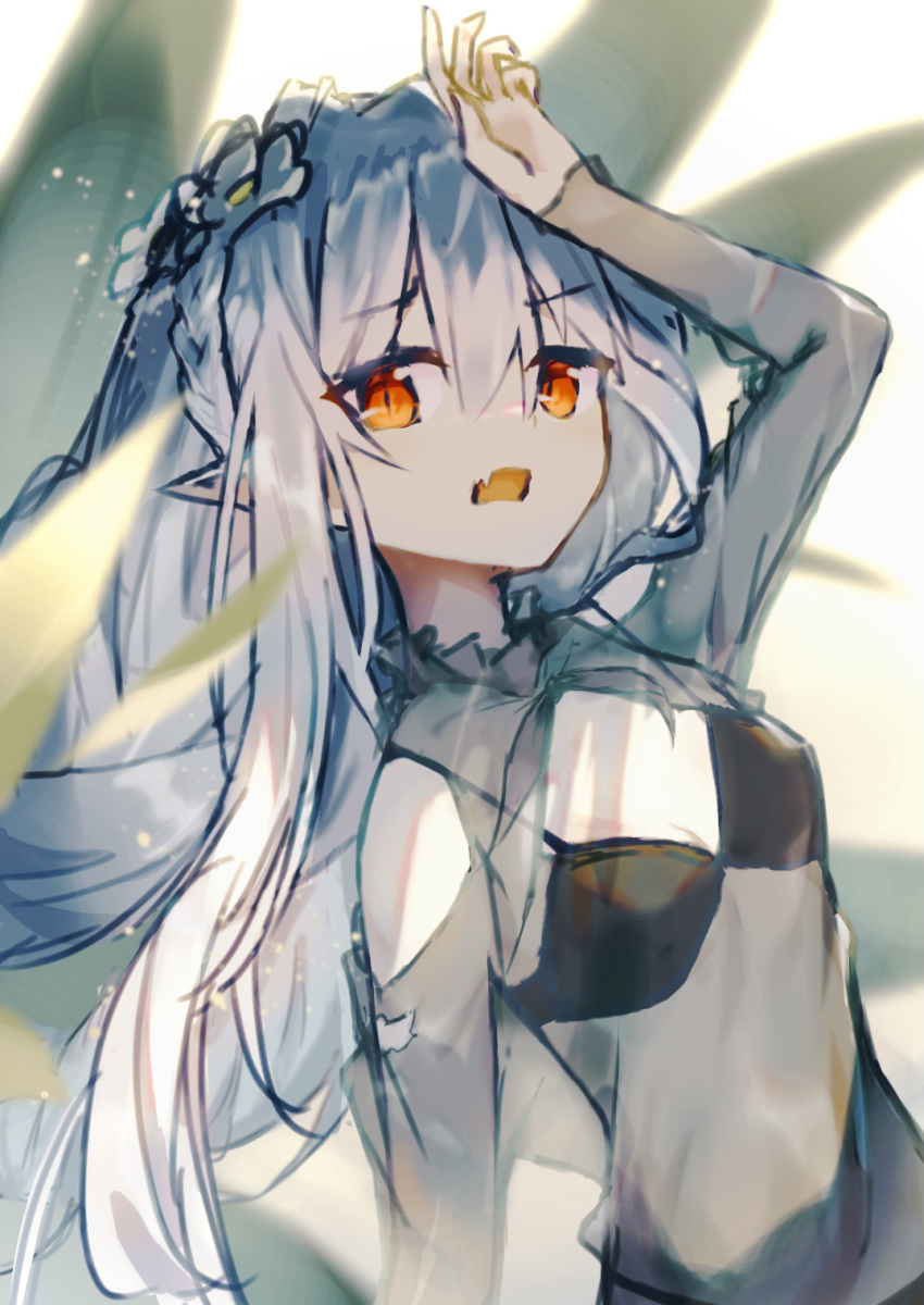 1girl, arknights, bikini, black_bikini, black_shirt, blouse, colored_skin, fang