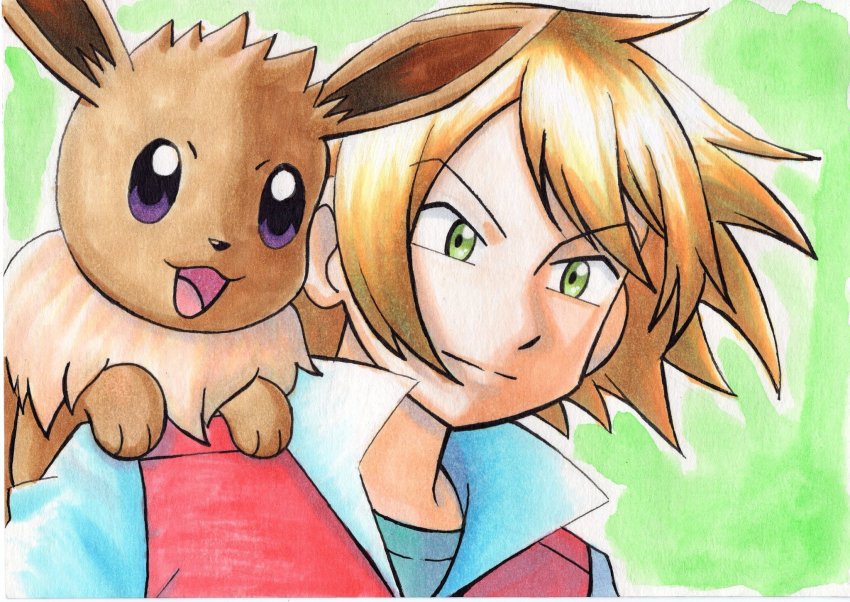 1boy, blonde_hair, closed_mouth, commentary_request, eevee, floating_hair, gen_1_pokemon, green_eyes