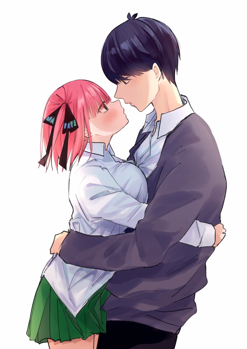 1boy, 1girl, arms_around_another's_back, black_hair, black_pants, blue_eyes, blue_nails, blush