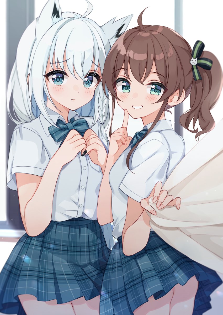 2girls, absurdres, ahoge, animal_ears, aqua_eyes, ass, black_nails, blue_bow
