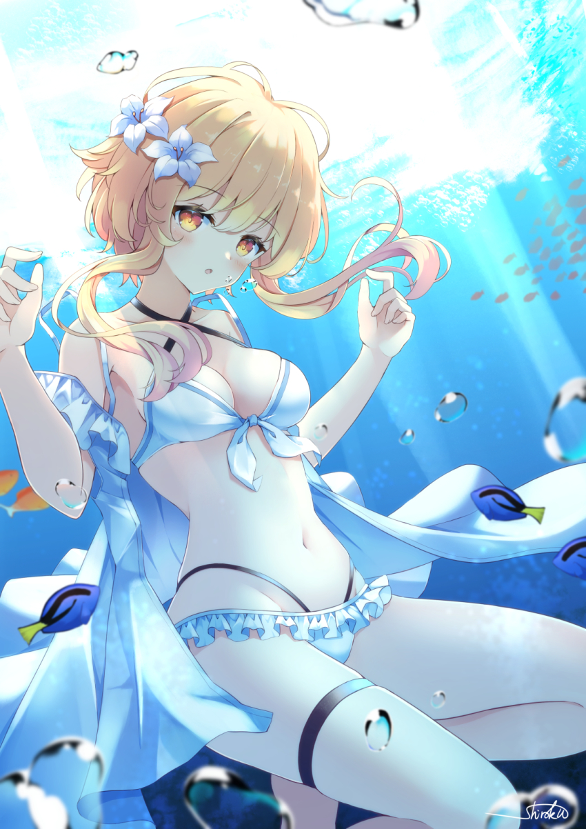 1girl, :o, air_bubble, bare_shoulders, bikini, blonde_hair, blue_tang_fish, breasts
