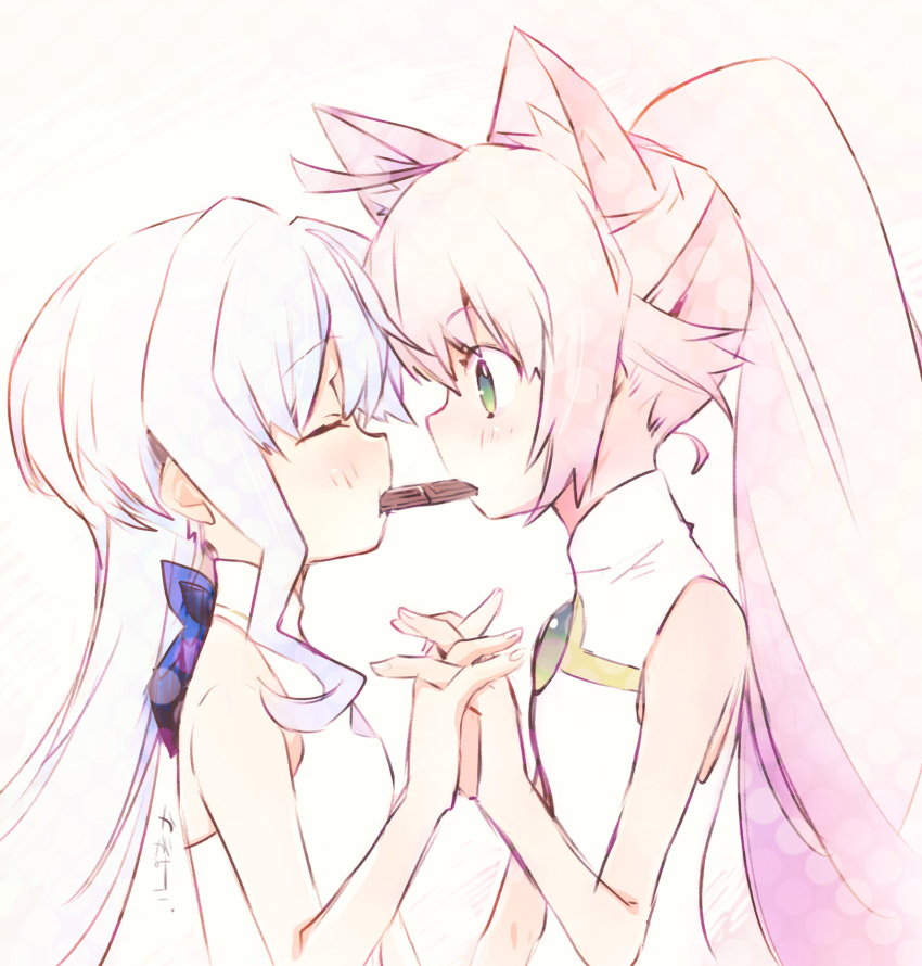 2girls, ahoge, animal_ears, blue_bow, bow, breasts, cat_ears, cat_girl, chocolate, closed_eyes, flat_chest, from_side, green_eyes, gundam, gundam_build_divers, hair_behind_ear, halterneck, highres, holding_hands, in_mouth, kagamiko, long_hair, momo_(gundam_build_divers), multiple_girls, pink_hair, sara_(gundam_build_divers), small_breasts, white_background, yashiro_momoka, yuri