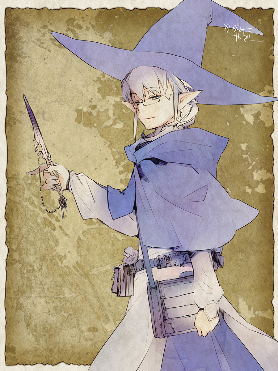 1boy, bag, belt, blue_belt, blue_cloak, blue_eyes, blue_hat, cloak, elf, from_side, gundam, gundam_build_divers, half-closed_eyes, hat, highres, holding, holding_bag, holding_knife, kagamiko, knife, ko-1_(gundam_build_divers), looking_at_viewer, male_focus, pointy_ears, robe, smile, solo, white_robe, wizard_hat