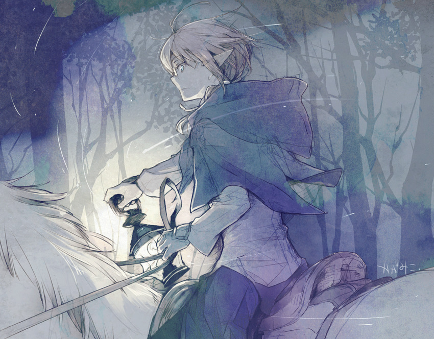 1boy, bare_tree, blue_eyes, cloak, elf, forest, from_side, glasses