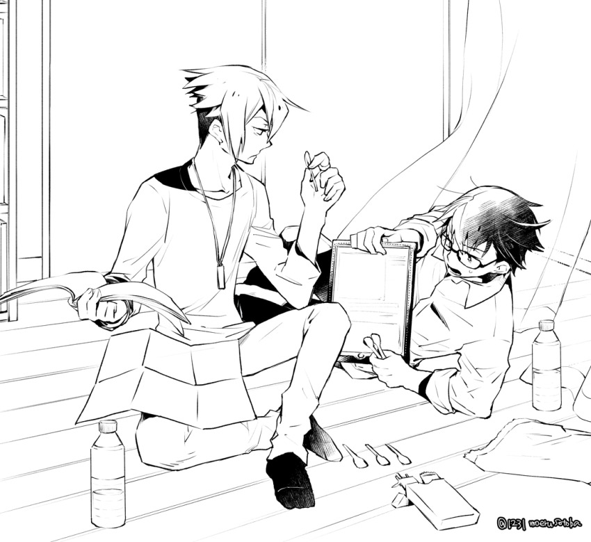 2boys, annoyed, book, bottle, box, collared_shirt, glasses, greyscale