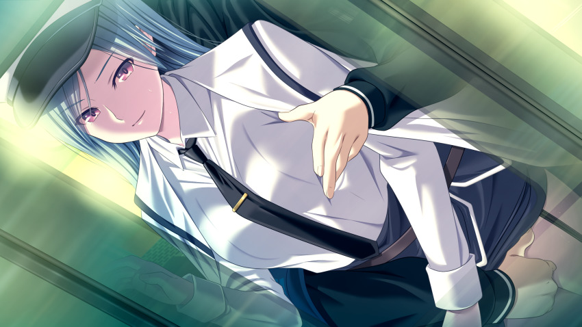 1girl, anna_(kyokugen_chikan_tokuiten_2), black_headwear, black_neckwear, breasts, closed_mouth, clothes_lift, collared_shirt, fingering, game_cg, garter_straps, grabbing_another's_breast, grabbing_from_behind, grey_skirt, groping, hat, highres, jacket, kyokugen_chikan_tokuiten_2, large_breasts, long_hair, m&amp;m, miniskirt, molestation, necktie, official_art, pencil_skirt, red_eyes, shirt, silver_hair, skirt, skirt_lift, smile, solo_focus, straight_hair, sweatdrop, train_interior, white_jacket, white_shirt, wing_collar