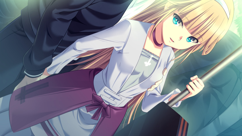 1boy, :d, azumami_kureha, blonde_hair, blue_eyes, blunt_bangs, breasts, choker, game_cg, grabbing_another's_breast, grabbing_from_behind, grey_shirt, grey_skirt, groping, hairband, highres, kyokugen_chikan_tokuiten_2, long_hair, long_skirt, m&amp;m, molestation, official_art, open_mouth, pleated_skirt, purple_choker, shirt, skirt, small_breasts, smile, solo_focus, standing, train_interior, trap, very_long_hair, white_hairband, yaoi