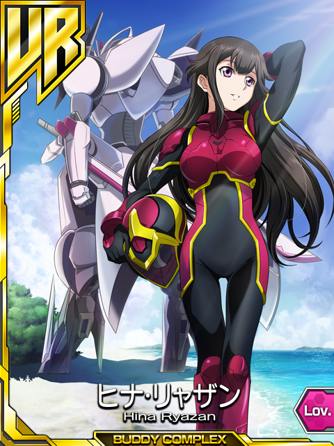 armor, beach, black_hair, breastplate, breasts, buddy_complex, buddy_complex:_coupling_in_battlefield, card_(medium)