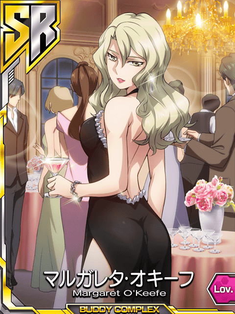 1girl, ass, backless_dress, backless_outfit, black_dress, blonde_hair, breasts, buddy_complex, buddy_complex:_coupling_in_battlefield, card_(medium), chandelier, character_name, cocktail_glass, cup, dress, drinking_glass, from_behind, holding, holding_cup, long_hair, looking_at_viewer, looking_back, margaret_o'keefe, medium_breasts, official_art, parted_lips, solo_focus, yellow_eyes
