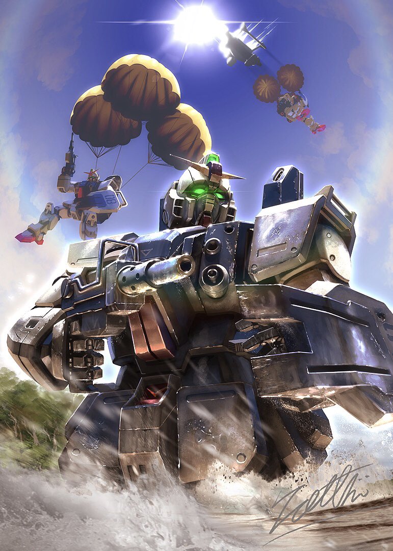 forest, glowing, glowing_eyes, ground_gundam, gun, gundam, gundam_08th_ms_team, holding