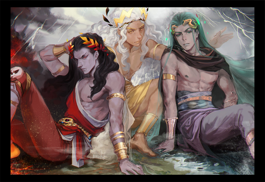 3boys, aged_down, ancient_greek_clothes, aqua_eyes, aqua_hair, bad_id, bad_pixiv_id, black_border