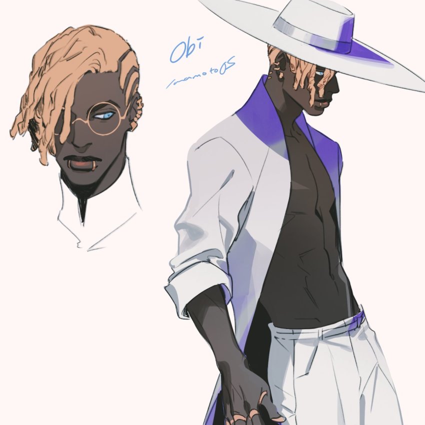 1boy, apex_legends, blue_eyes, dark-skinned_male, dark_skin, glasses, dreadlocks, hat, highres, iwamoto_zerogo, multiple_views, piercing, seer_(apex_legends), white_background