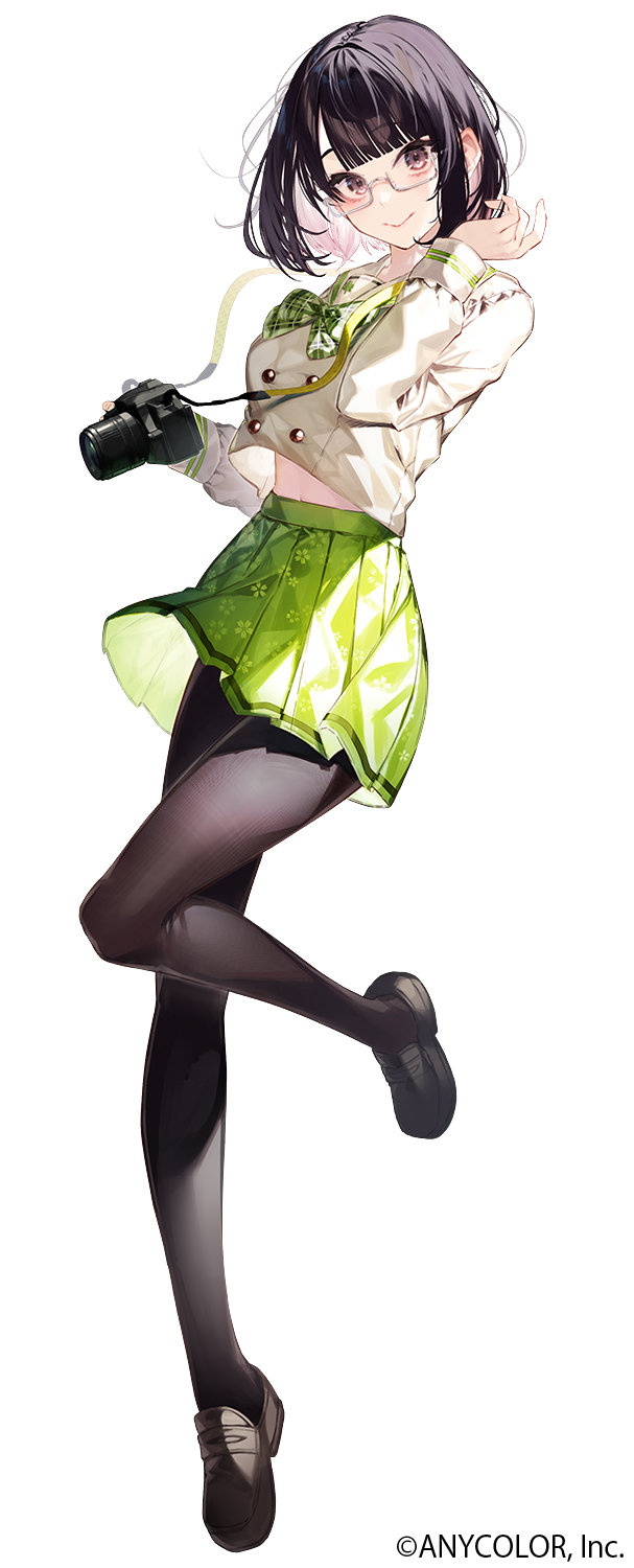 1girl, black_footwear, black_hair, black_pantyhose, blunt_bangs, bow, breasts, brown_eyes