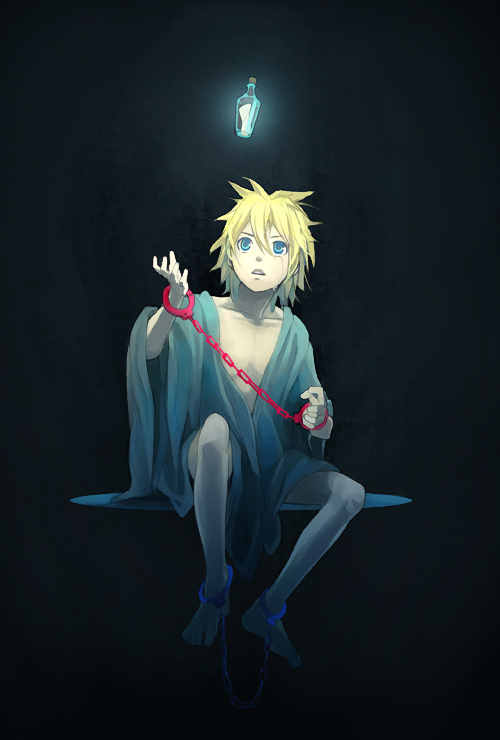 00s, 1boy, barefoot, blonde_hair, blue_eyes, blue_theme, bound, bound_ankles