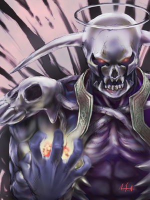 1other, asanagi, blue_skin, colored_skin, commentary, dark_lord_(ragnarok_online), demon, fire