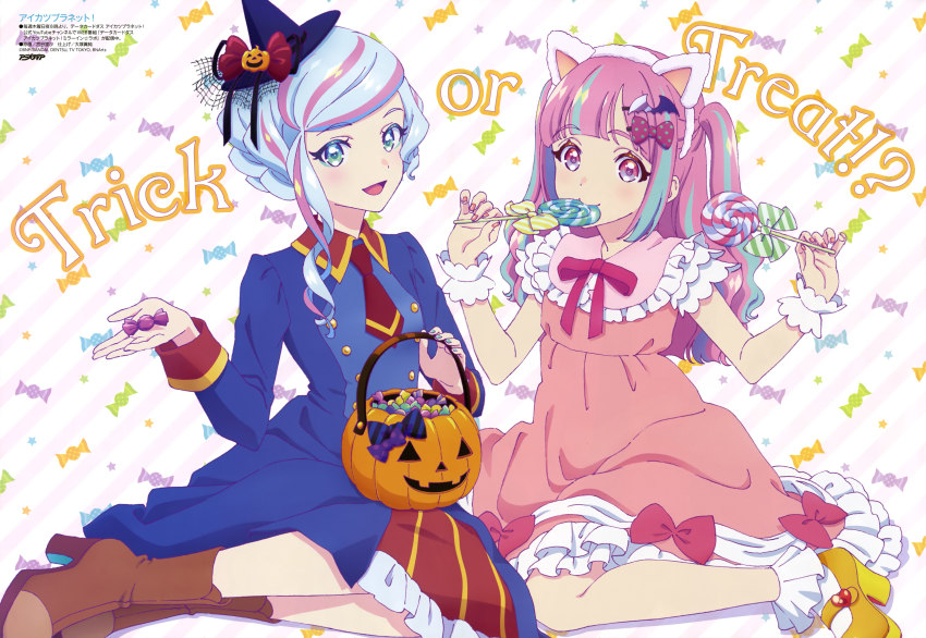 2girls, absurdres, aikatsu!_(series), aikatsu_planet!, animal_ears, ann_(aikatsu_planet!), candy, cat_ears, dress, food, halloween, high_heels, highres, miyadani_risa, multiple_girls, official_art, shiori_(aikatsu_planet!)