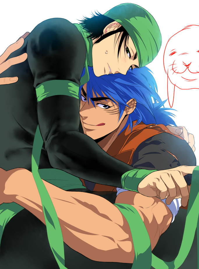 10s, 2boys, blue_hair, coco_(toriko), hug, male_focus, multiple_boys, scar