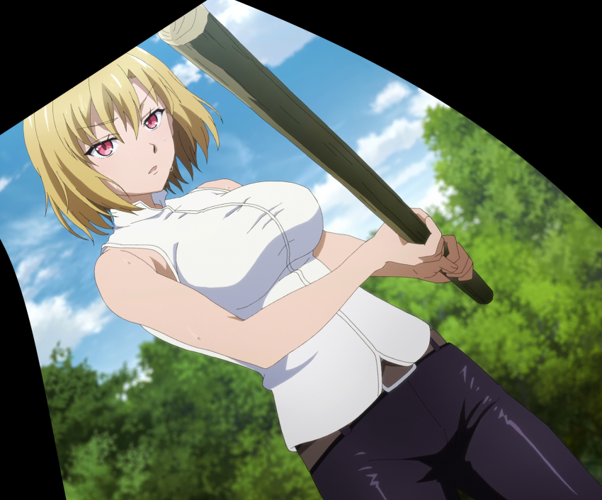 1girl, anime_screenshot, belt, blonde_hair, breasts, highres, large_breasts, peach_boy_riverside