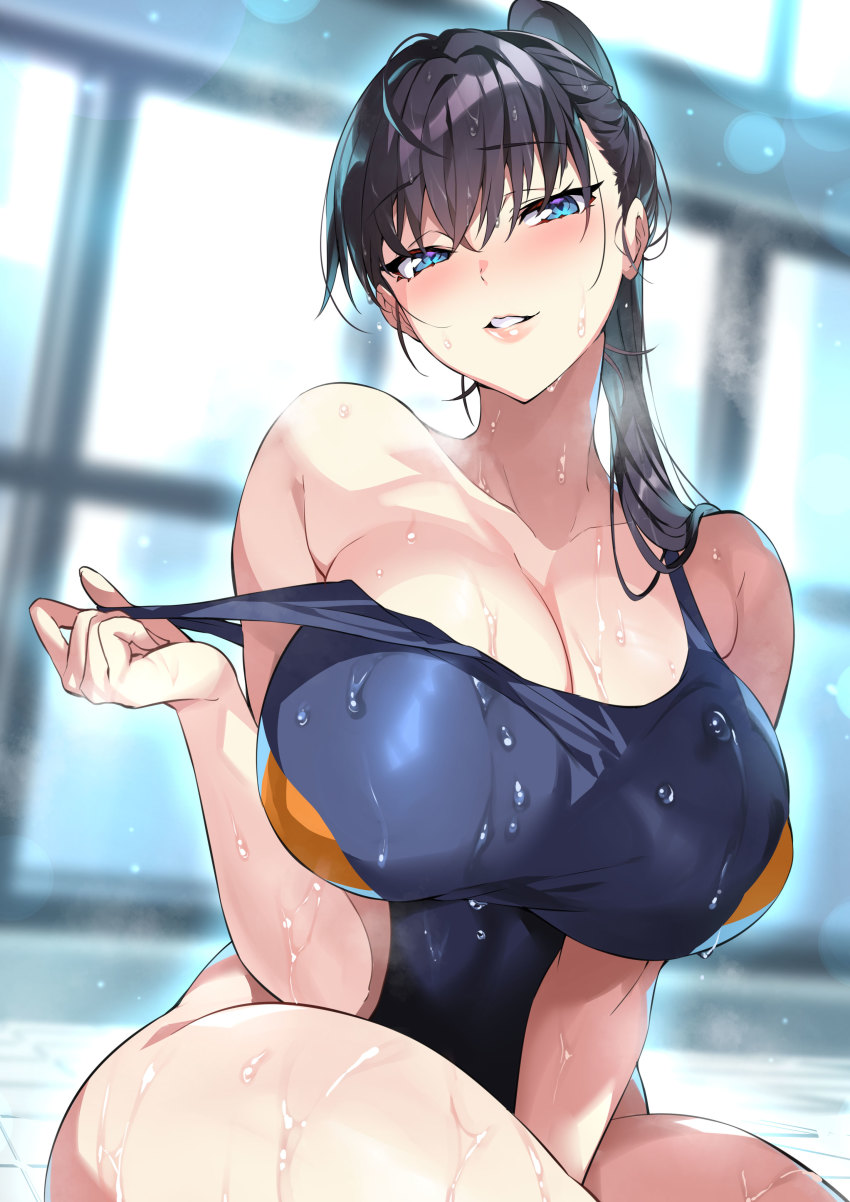 1girl, absurdres, arm_between_legs, black_hair, black_legwear, black_one-piece_swimsuit, blue_eyes, breasts, cleavage, clothes_pull, collarbone, commentary_request, competition_swimsuit, crossed_bangs, hair_over_shoulder, highres, huge_breasts, indoors, lips, long_hair, looking_at_viewer, one-piece_swimsuit, one-piece_swimsuit_pull, parted_lips, ponytail, rei_no_pool, second-party_source, seductive_smile, senri_gan, shuumatsu_no_harem, sitting, smile, solo, swimsuit, toudou_akira_(shuumatsu_no_harem), wet, wet_hair, window