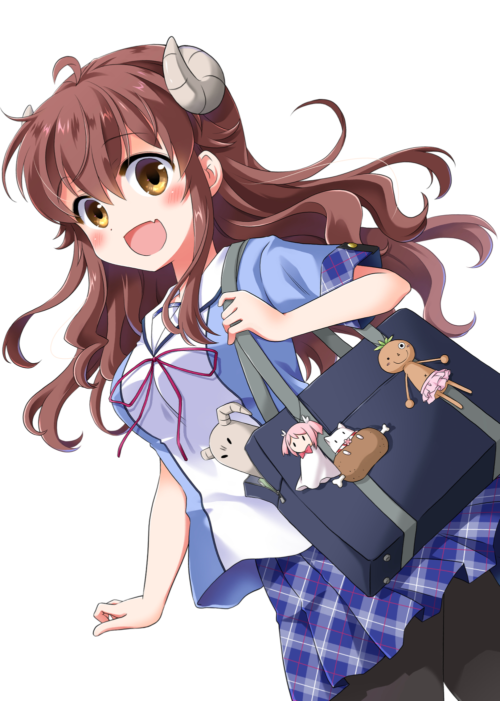 1girl, :d, ahoge, bag, black_pantyhose, blue_skirt, chiyoda_momo, commentary_request