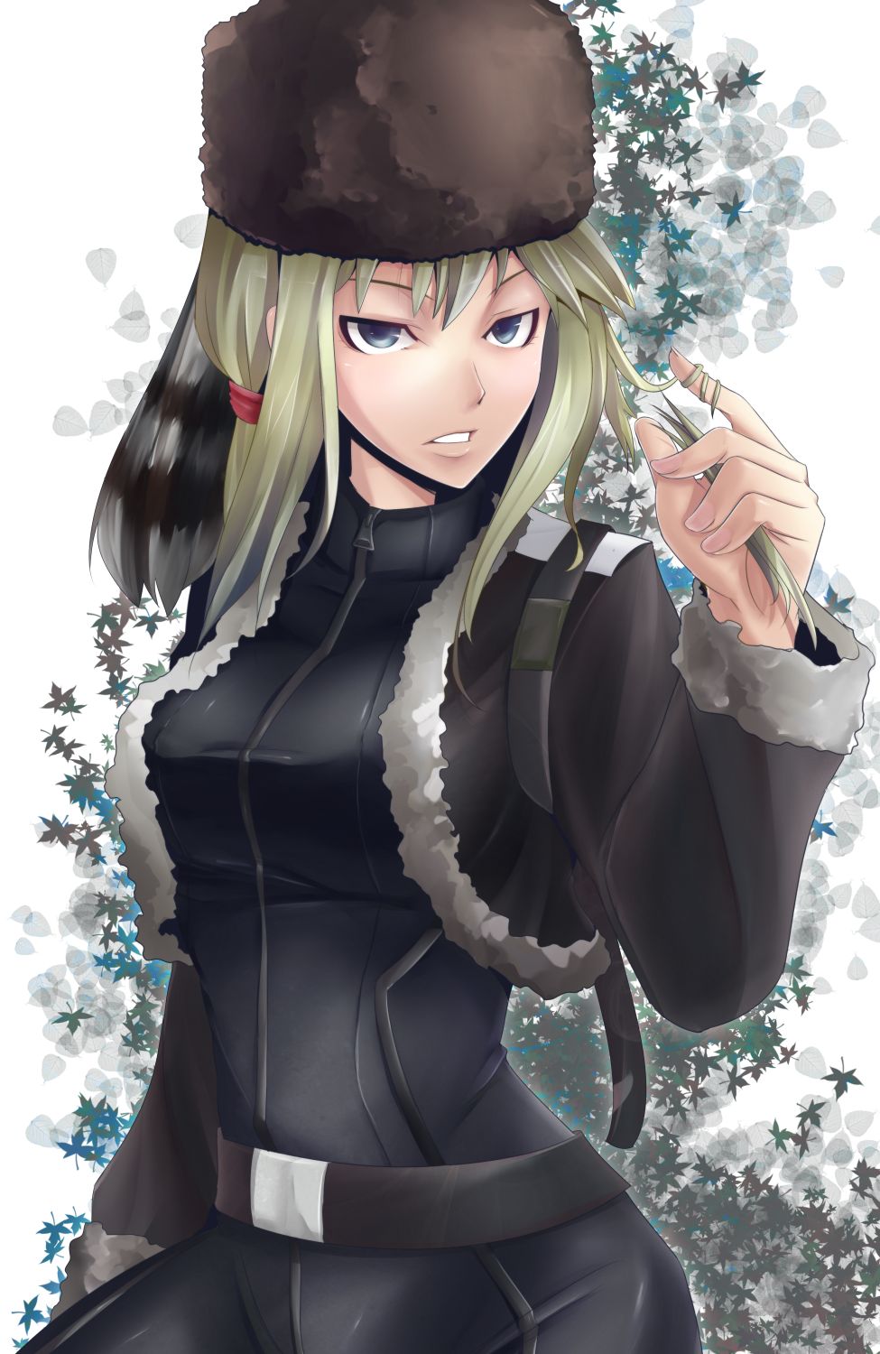 00s, 1girl, bad_id, bad_pixiv_id, belt, blonde_hair, blue_eyes, coon_hat