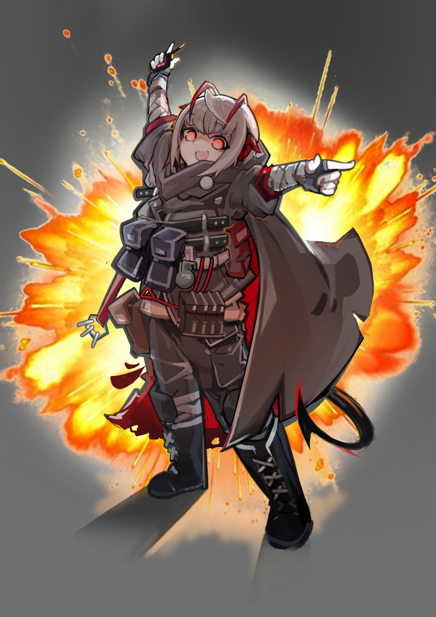 1girl, :d, absurdres, ahoge, arknights, arms_up, bandaged_arm, bandages, black_boots, black_legwear, boots, brown_cape, brown_pants, brown_shirt, cape, commentary, controller, demon_girl, demon_horns, demon_tail, detonator, explosion, explosive, full_body, grenade, grey_background, grey_hair, highres, holding, holding_controller, holding_remote_control, horns, jumbowhopper, looking_at_viewer, official_alternate_costume, open_mouth, orange_eyes, pants, pointing, pouch, remote_control, shirt, short_hair, smile, solo, standing, strap, tactical_clothes, tail, w_(arknights), w_(mercenary)_(arknights)