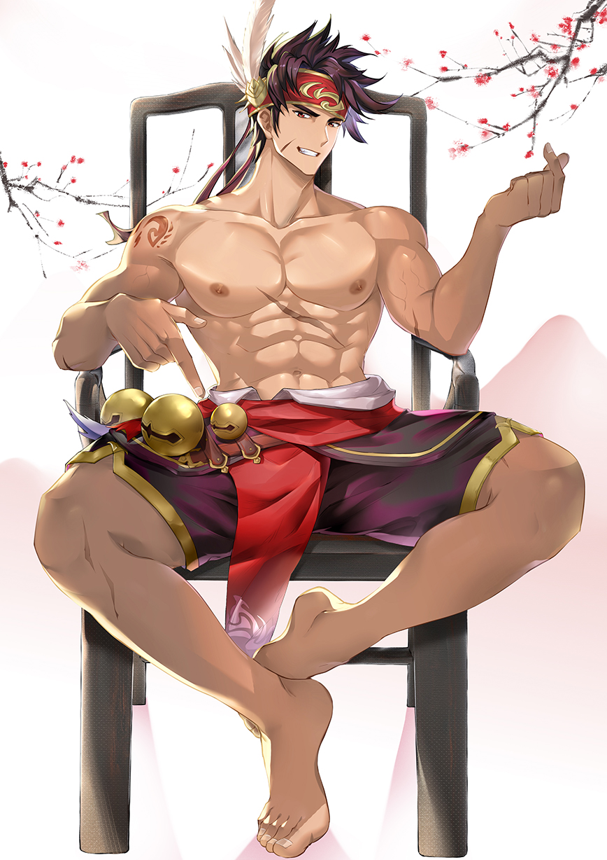 1boy, abs, bara, bare_pectorals, beckoning, bell, brown_hair, chair