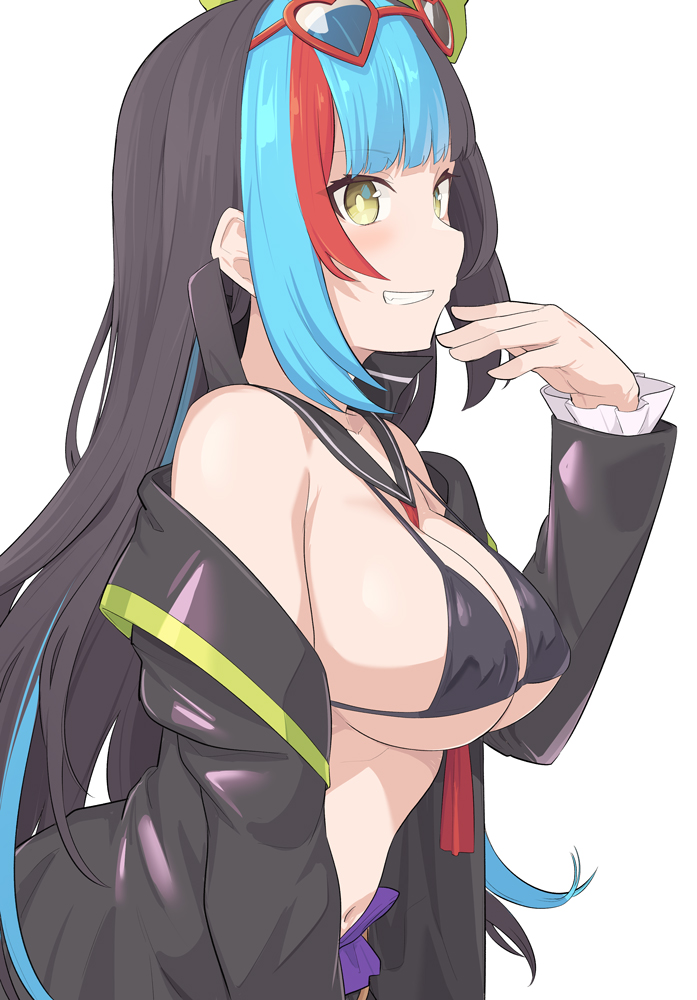 1girl, bikini, black_bikini, black_hair, black_jacket, blue_hair, breasts, eyewear_on_head, fate/grand_order, fate_(series), heart, heart-shaped_eyewear, jacket, large_breasts, long_hair, long_sleeves, looking_at_viewer, multicolored_hair, navel, red_hair, sei_shounagon_(fate), sei_shounagon_(swimsuit_berserker)_(third_ascension)_(fate), shiseki_hirame, simple_background, smile, solo, sunglasses, swimsuit, white_background, yellow_eyes