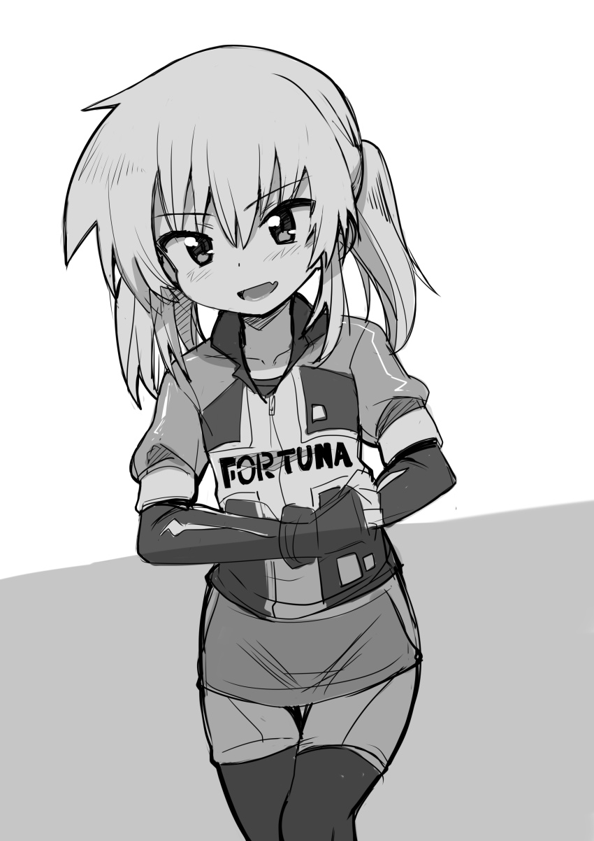 1girl, absurdres, character_request, copyright_request, crossed_arms, fang, greyscale, highres